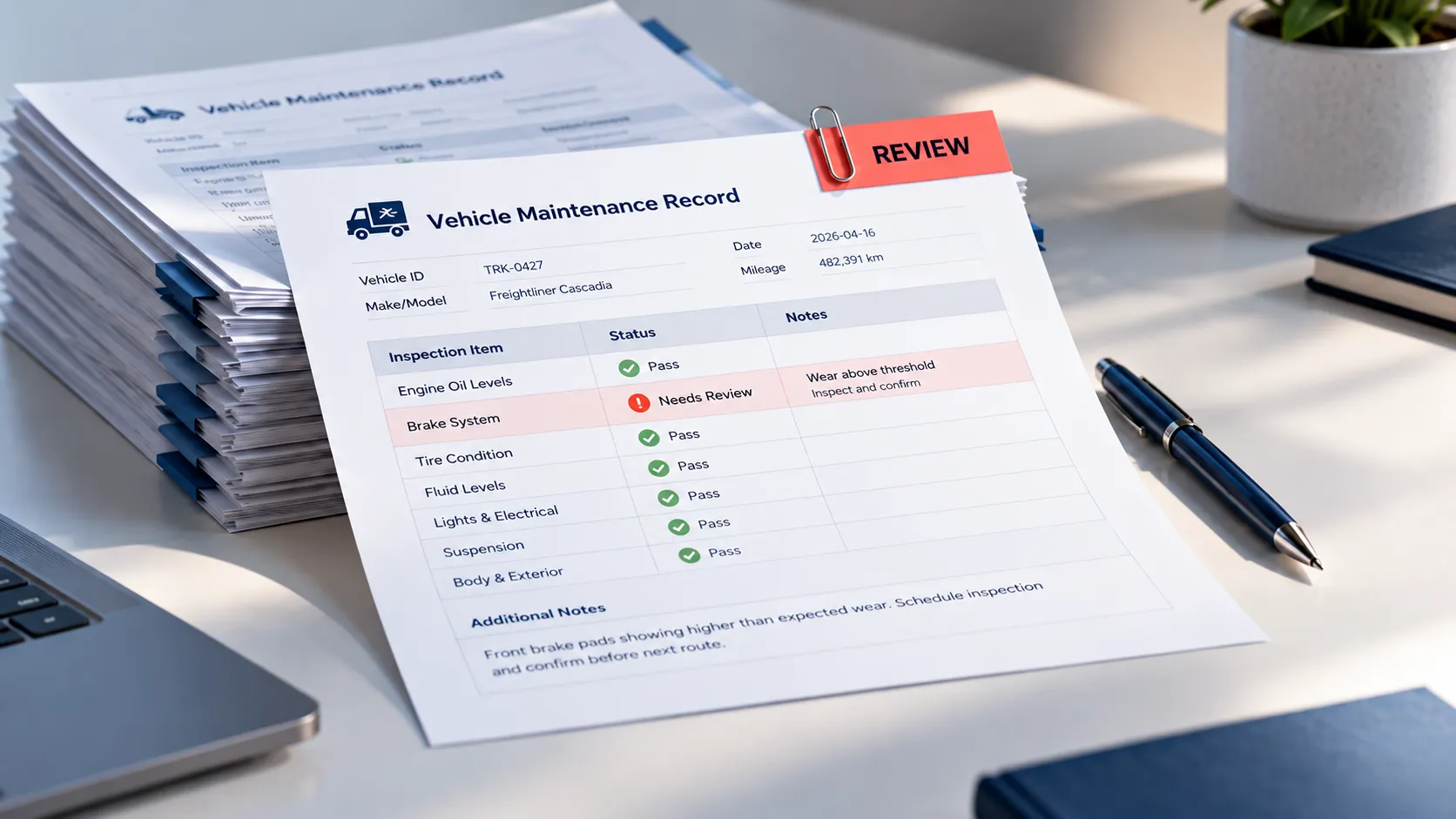 A vehicle maintenance record on a desk with a red Review tab clipped to it, its brake system line flagged Needs Review while every other inspection item passes